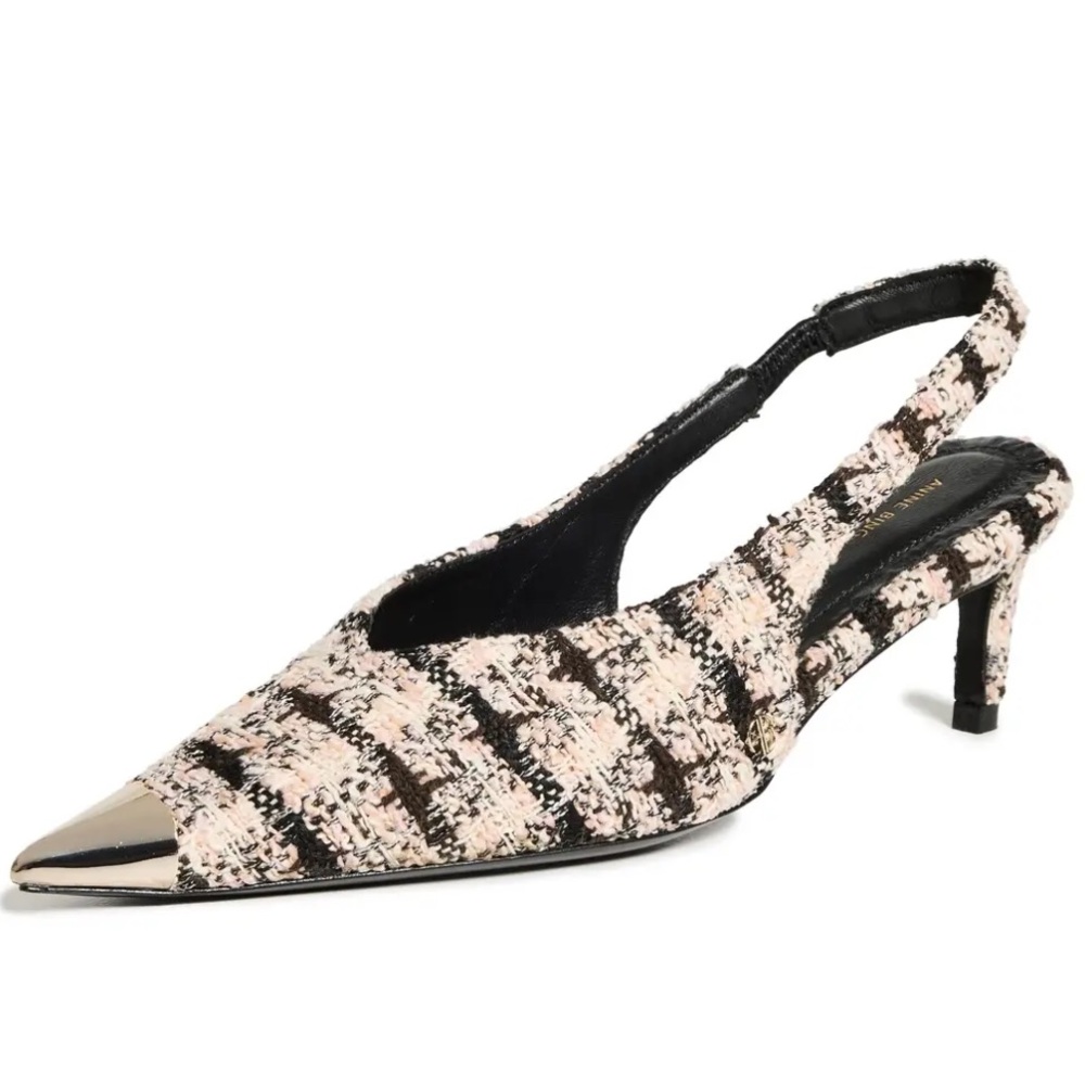 Anine Bing Nina Slingback Heels with Metal Toe in Black/Cream/Apricot Tweed